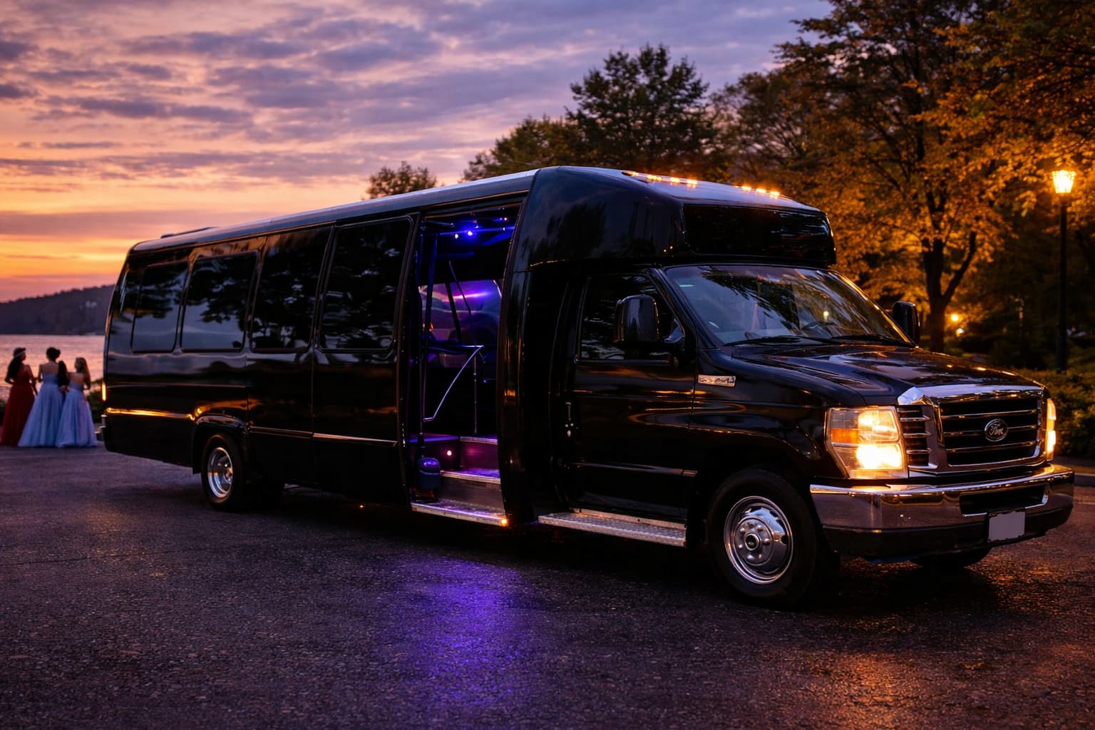 black-prom-party-bus black prom party bus in bellingham sunset