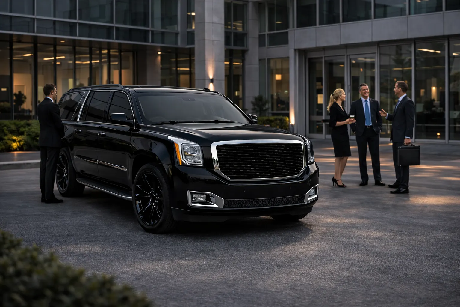 seattle-corporate-transportation-executive-suv Seattle corporate transportation with executive SUV service outside modern office building