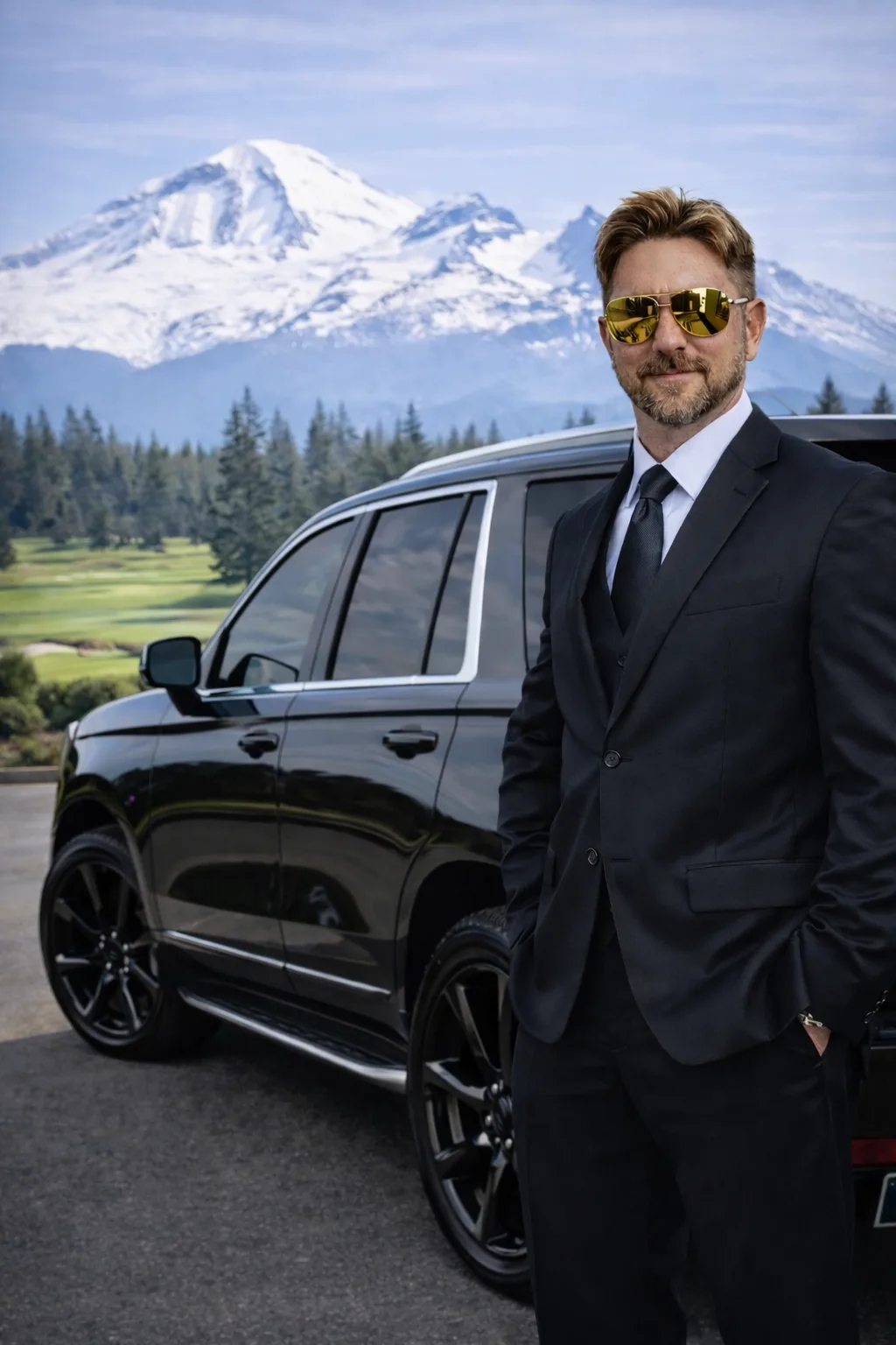 Northwest Limousine Chauffeur with Luxury SUV in Bellingham Professional chauffeur with luxury SUV in Bellingham Washington with Mount Baker in the background