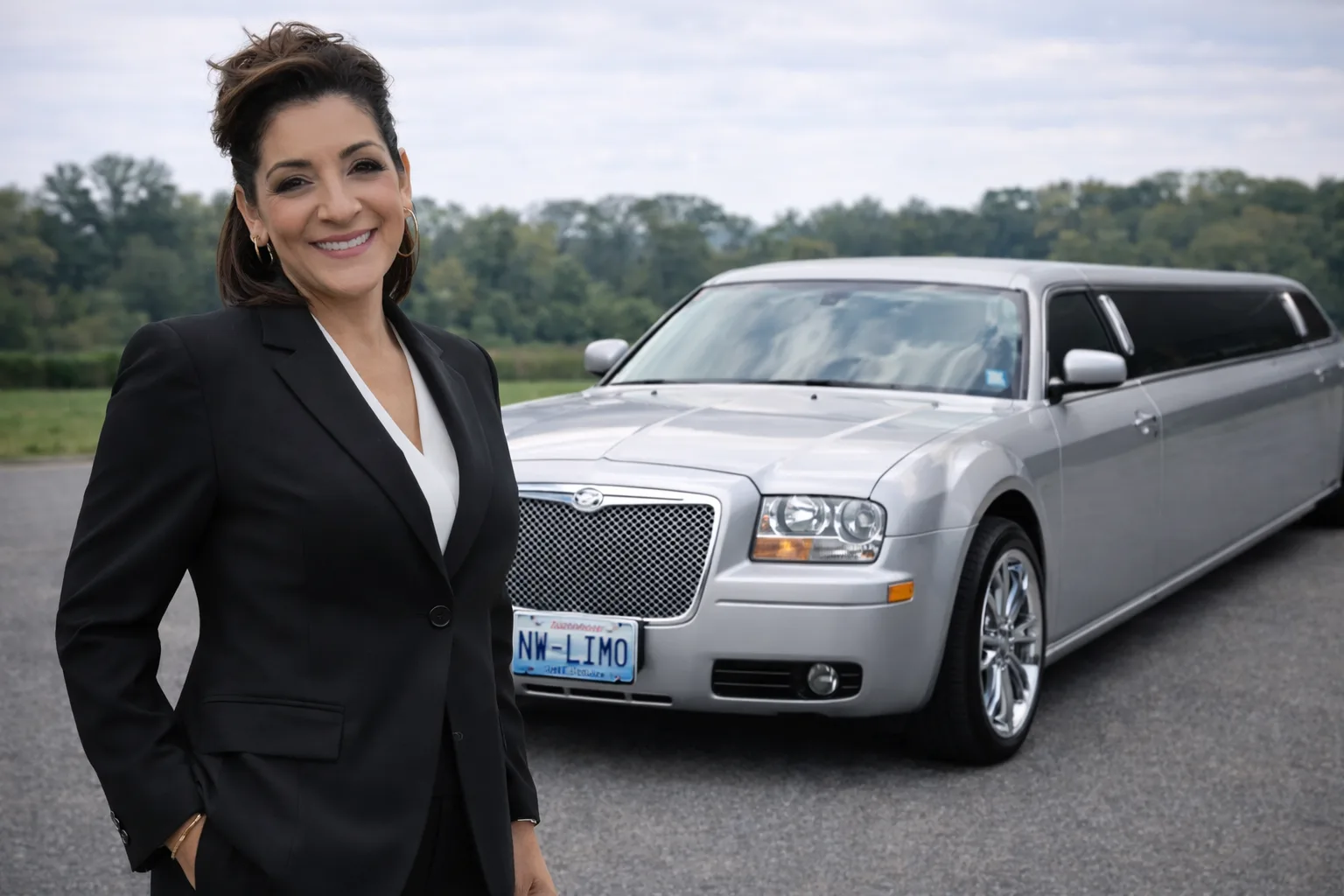 Professional Chauffeur Service in Bellingham Professional female chauffeur standing beside Chrysler 300 stretch limousine serving Bellingham and Whatcom County