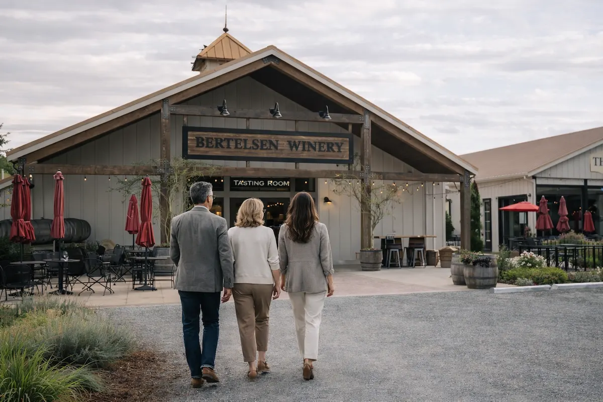 Skagit Valley Countryside Winery Arrival Guests arriving at a countryside winery in Skagit County for a wine tasting experience