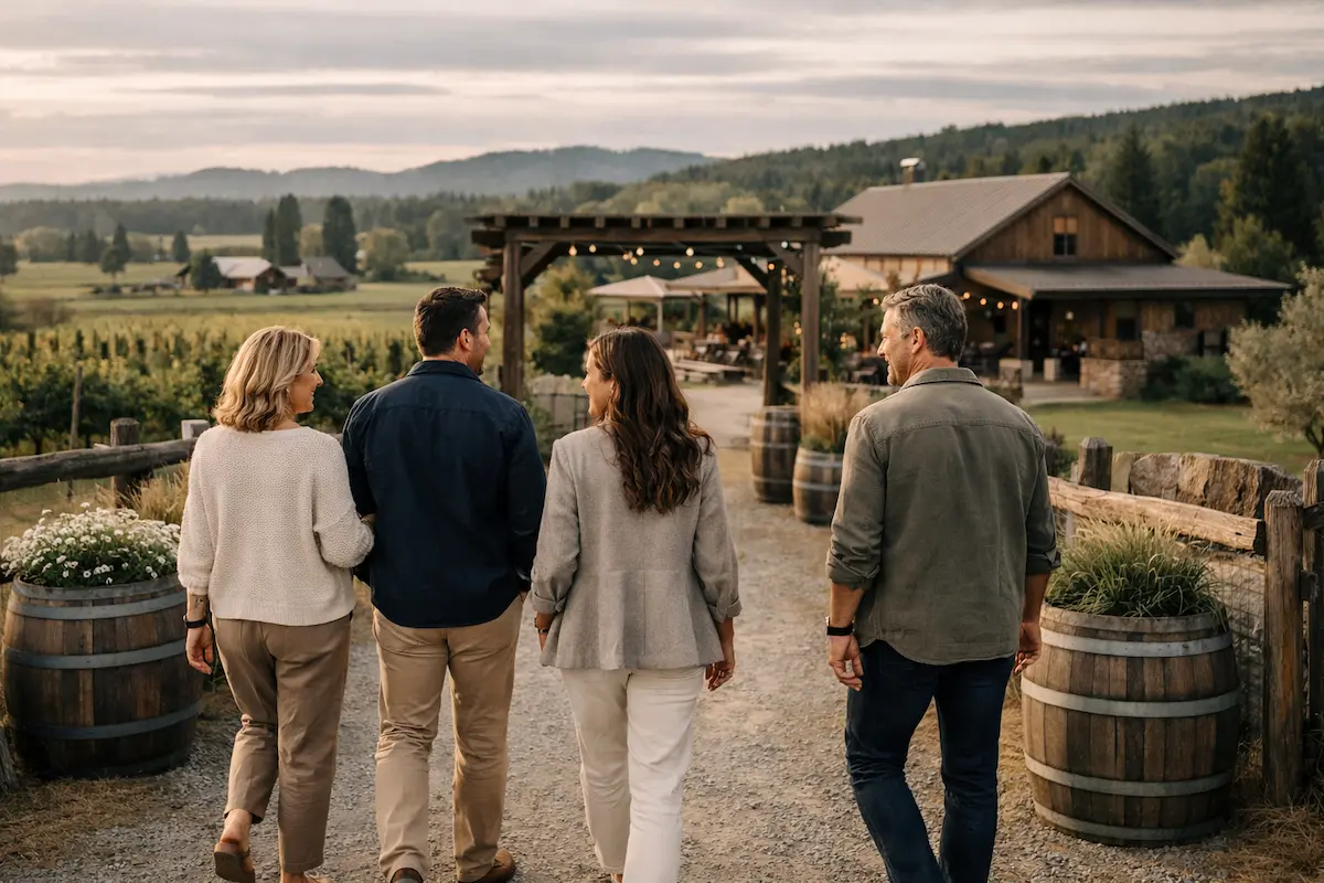 Whatcom County Vineyard Wine Tour Arrival Group arriving at a vineyard tasting room in Whatcom County, Washington