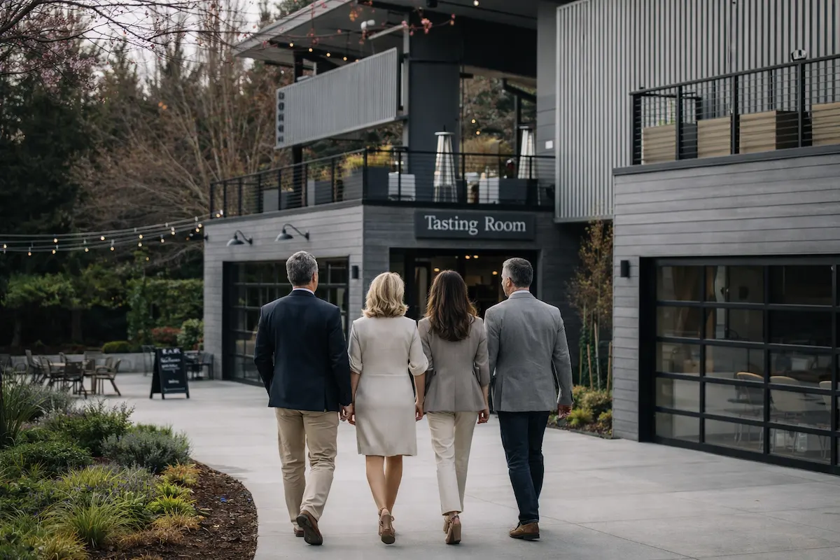 Modern Winery Entrance in Woodinville Wine District Group walking toward a modern winery entrance in Woodinville Wine District, Washington