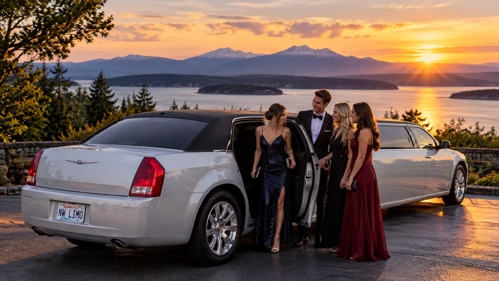 Silver stretch limousine for Bellingham limo service at sunset